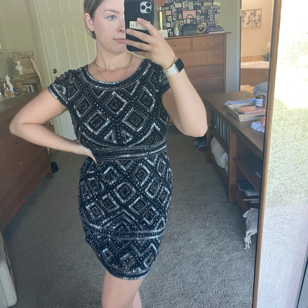 Adrianna Papell Back and Silver Beaded Dress